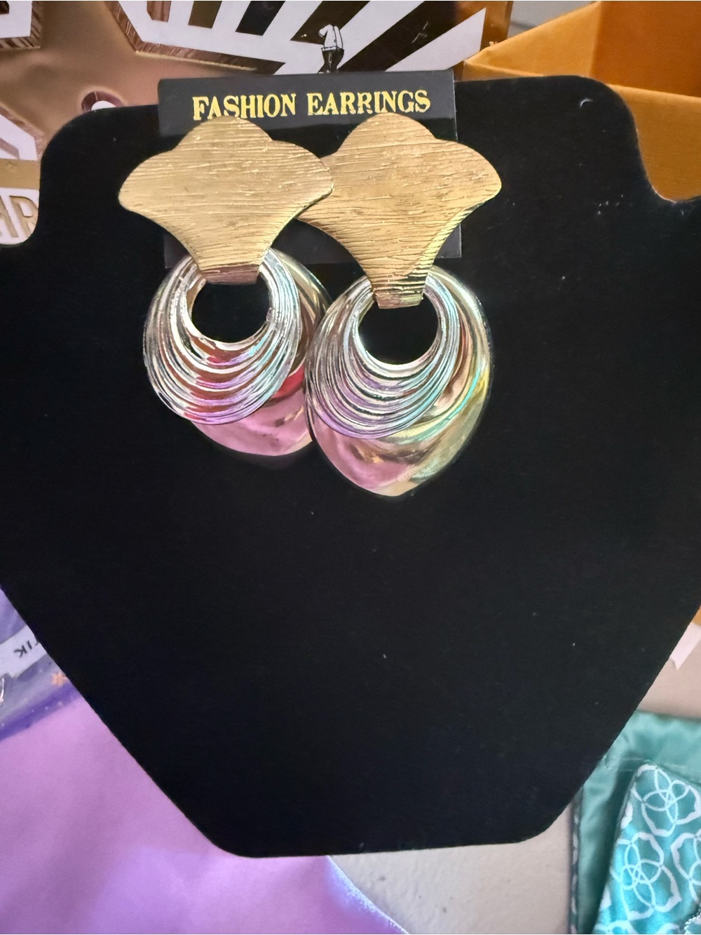 Gold and Iridescent Hoop Drop Earrings -